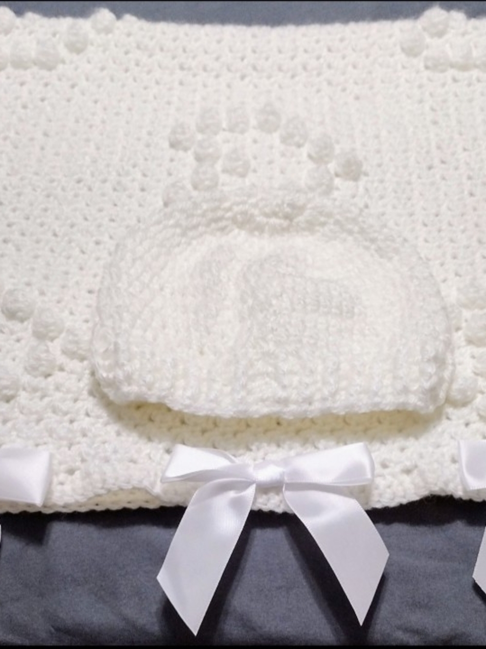 Classic White Knit Baby Hat and Blanket Set with Satin Bows
